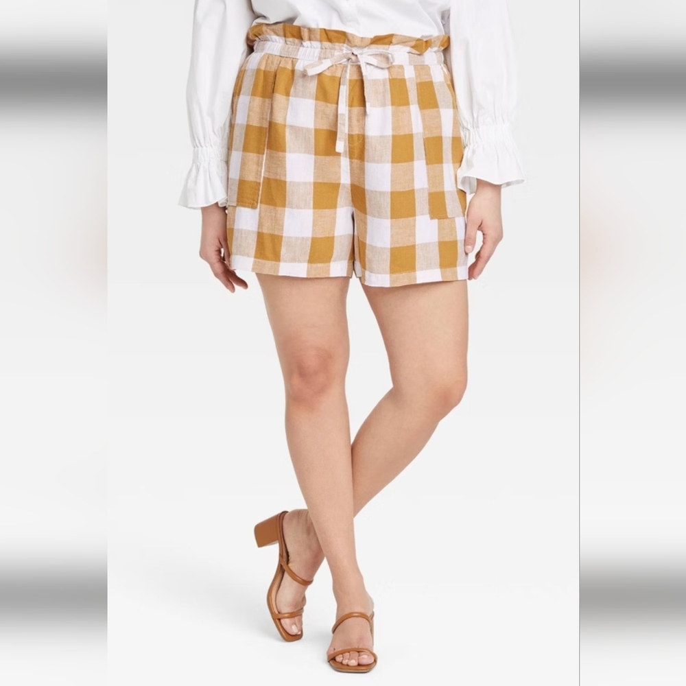 Yellow White Linen Blend Gingham Paperbag Waist Shorts Size Small  Preppy Vacay